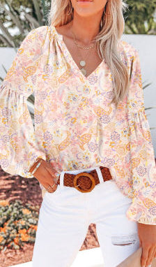 Golden Apricot Floral Print Long Puffed Sleeve Top