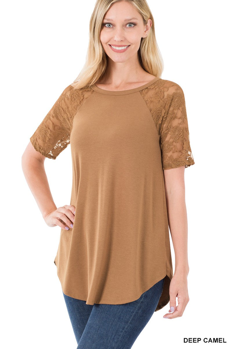 Carina Deep Camel Round Neck Short Sleeve Lace Detail Top