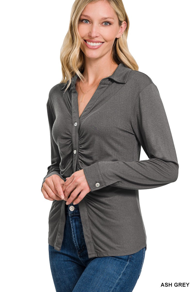 Cleo Ash Grey Button Down Shirt with Ruched Detail Top