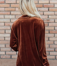 Load image into Gallery viewer, UMGEE Trena Chestnut Brown Velour Long Sleeved Button Down 2 Pocket Top - Plus XL-3X
