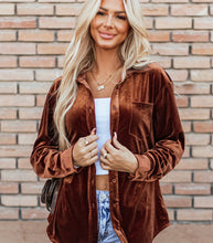 Load image into Gallery viewer, UMGEE Trena Chestnut Brown Velour Long Sleeved Button Down 2 Pocket Top - Plus XL-3X
