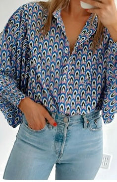 Sky Blue Abstract Print Shirred Cuff Top