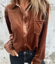 Load image into Gallery viewer, UMGEE Trena Chestnut Brown Velour Long Sleeved Button Down 2 Pocket Top - Plus XL-3X

