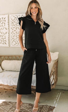 Tanya Black Textured Flutter Sleeve Top And Wide Leg Pants Set