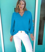 Load image into Gallery viewer, Sharla Sky Blue Frilly V Neck Top

