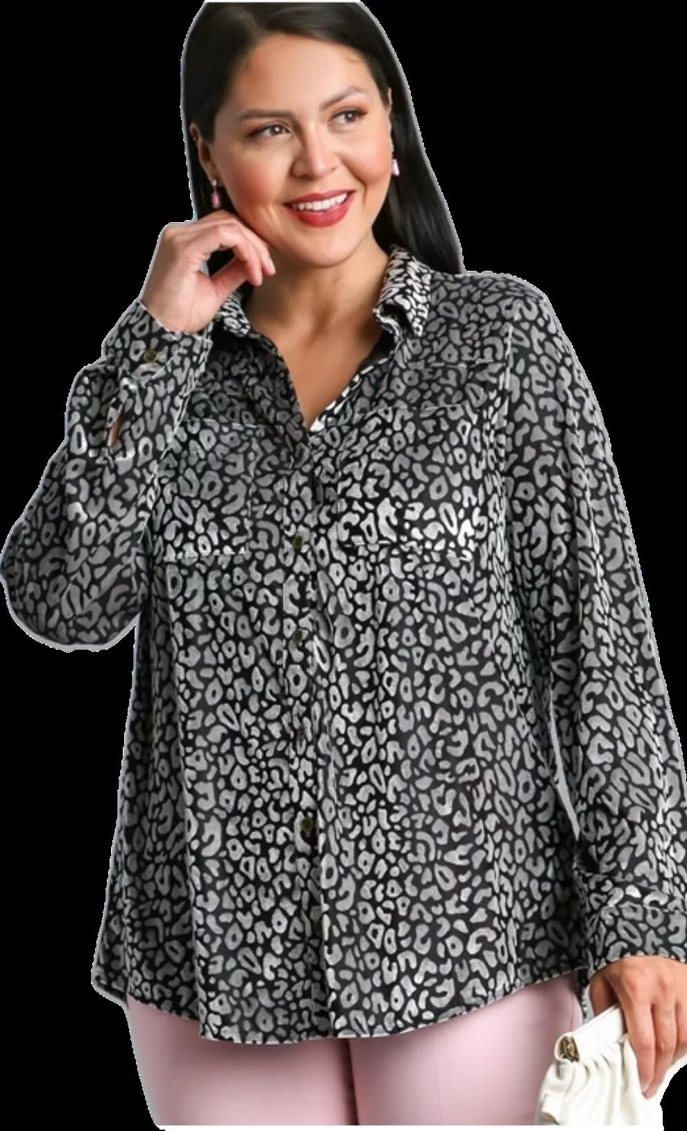 UMGEE Demi Burnout Velour Black and Silver 2 Pocket Long Sleeve Button Down Top-