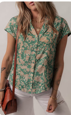 Brynn Green Floral Print Buttoned V Neck Blouse