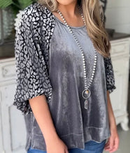 Load image into Gallery viewer, Elle Gunmetal Velour Top with Leopard Burnout Sleeves
