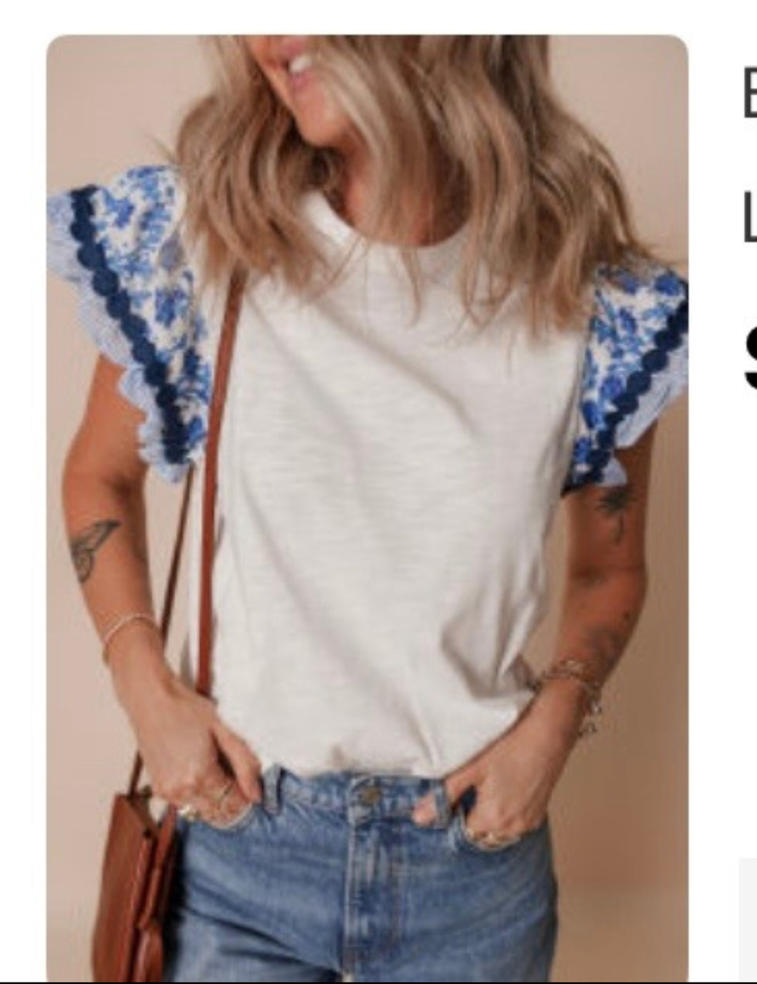 Karsyn Blue RicRac Trim Printed Flutter-Sleeve Top