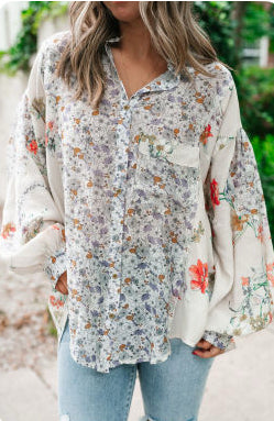 Gina Purple Boho Style Floral Bishop Sleeve Button Down Top