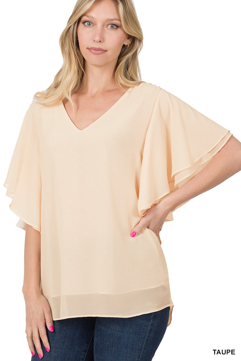 Zenana Lyla Light Beige Double Layer Chiffon Flutter Sleeve Top