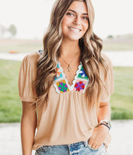 Load image into Gallery viewer, Tina Pale Chestnut Crochet Floral V Neck Top
