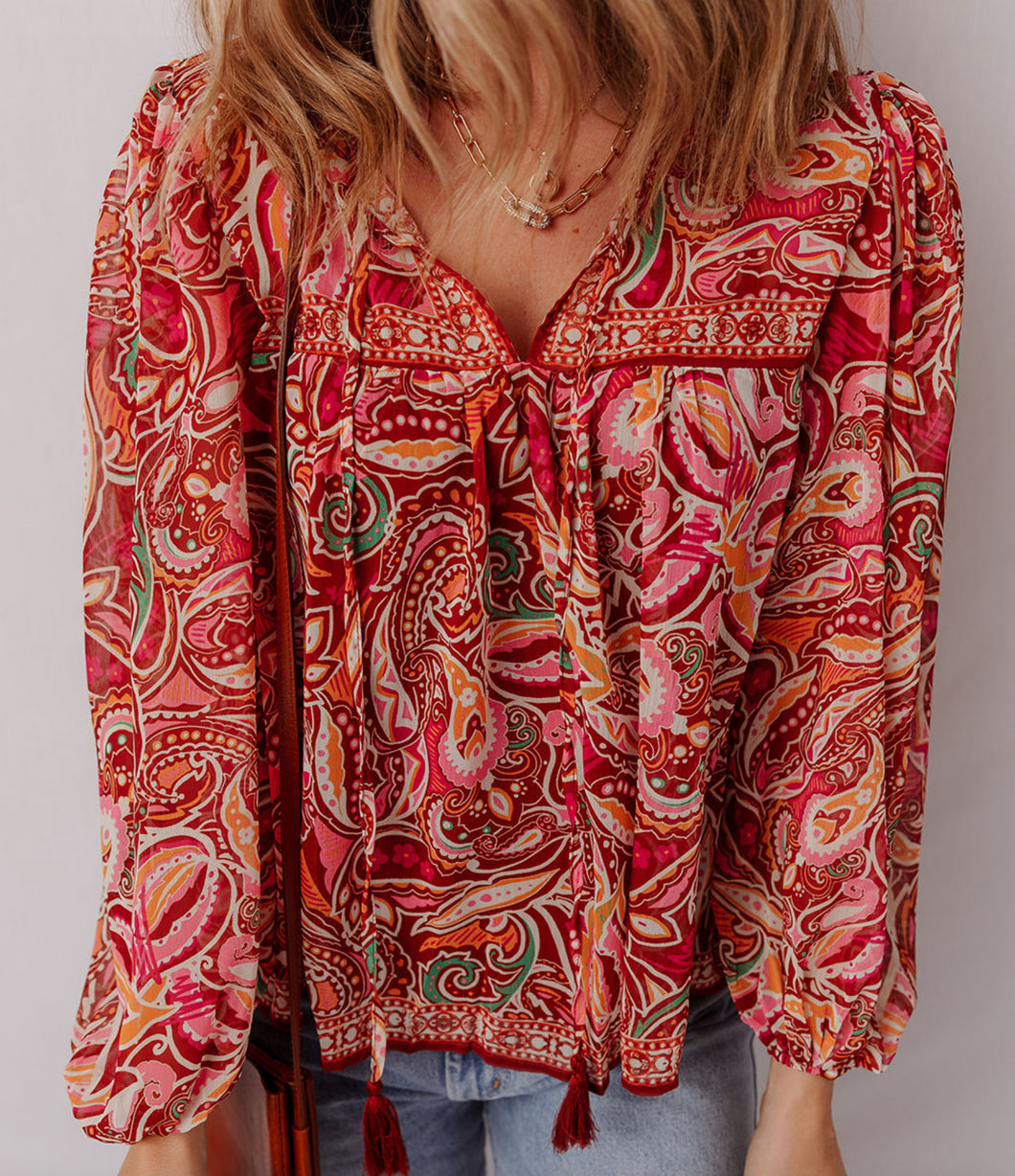 Carol Paisley Print Tassel Tie Top