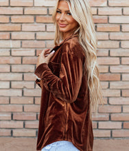Load image into Gallery viewer, UMGEE Trena Chestnut Brown Velour Long Sleeved Button Down 2 Pocket Top - Plus XL-3X
