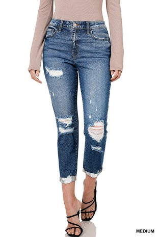 Zenana Medium Wash Distressed Cropped Skinny Cuffed Hem Jeans