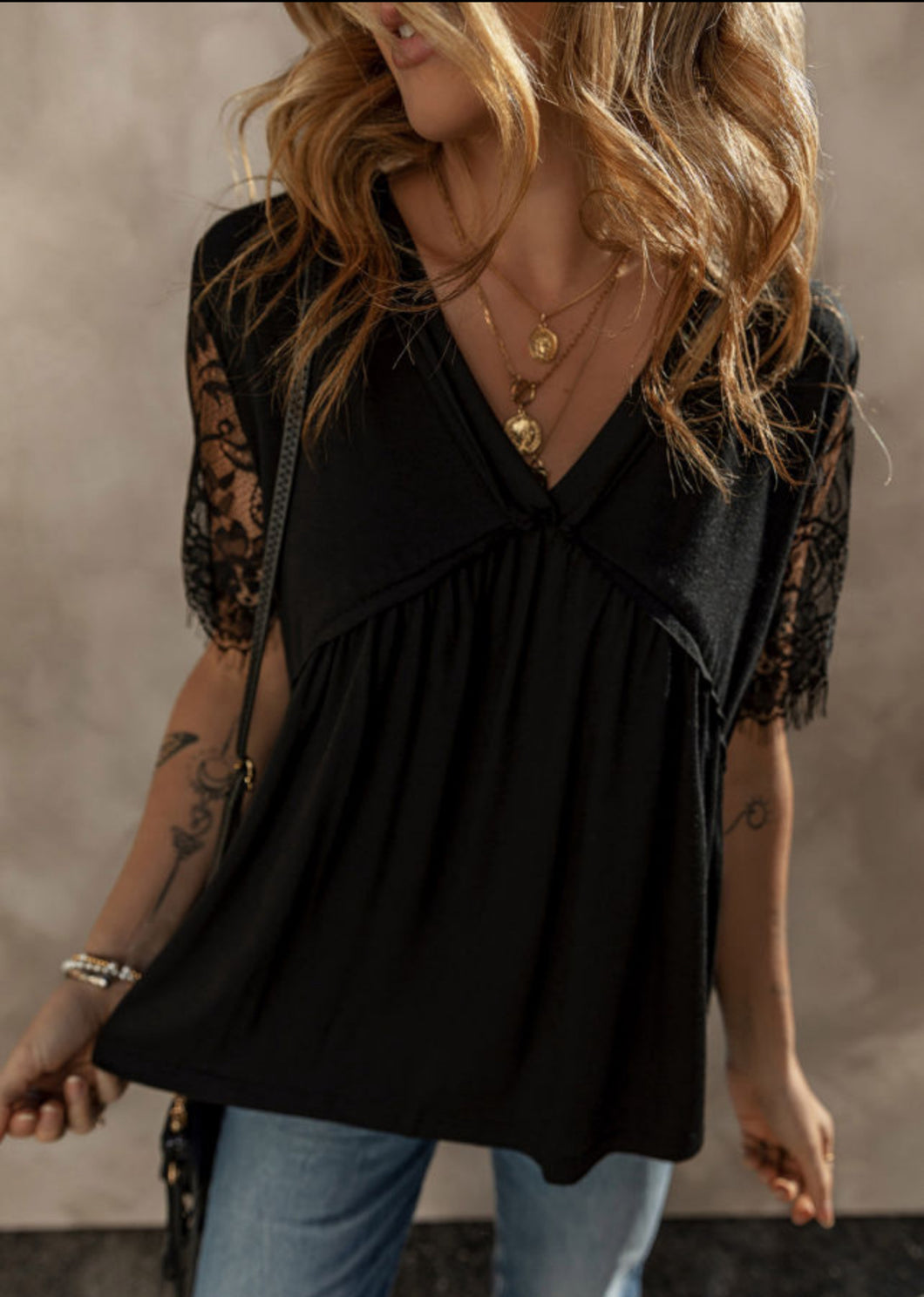 Connie Black Eyelash Lace Sleeve V Neck Ruffle Babydoll Top