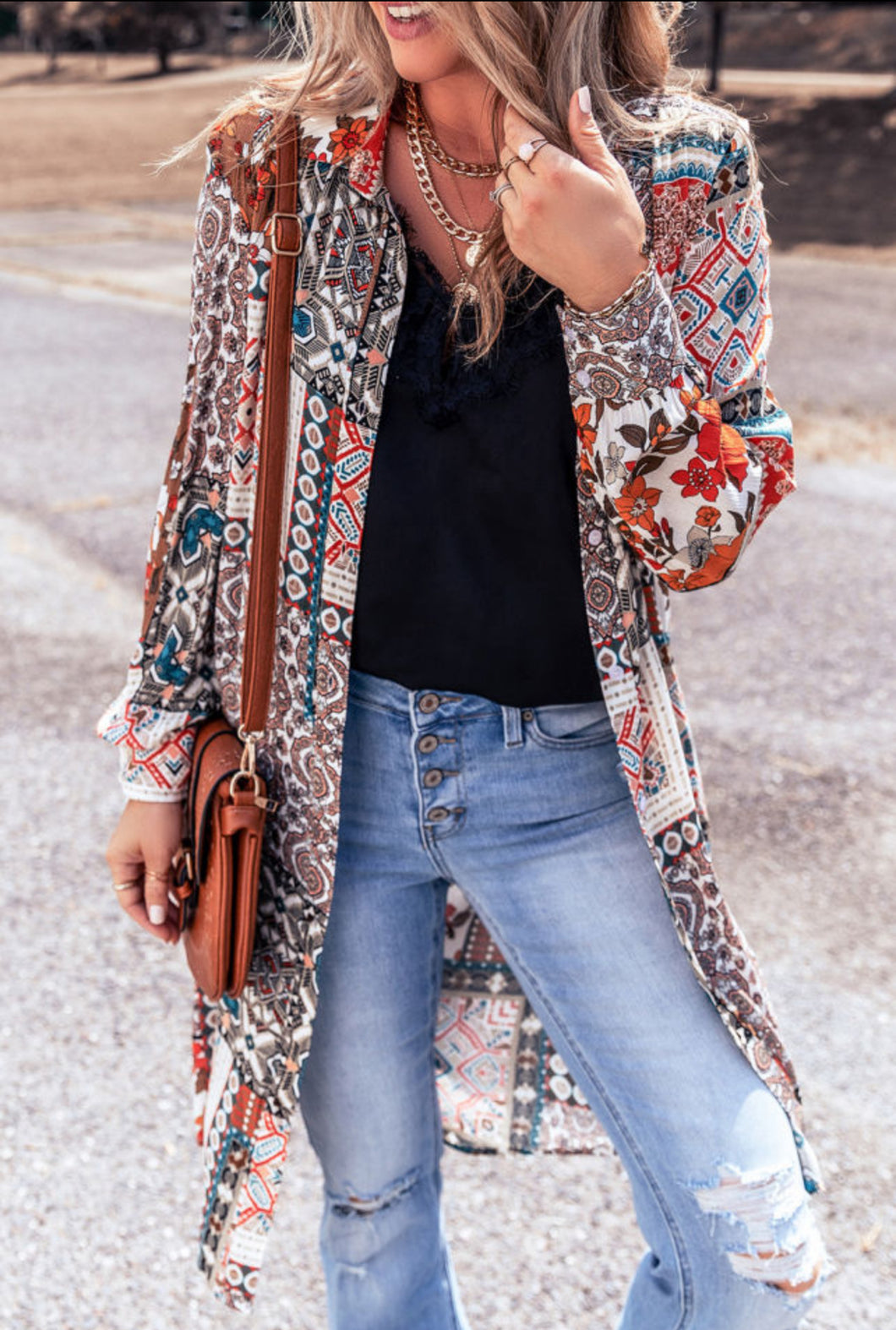 Multicolour Boho Mix Print Long Kimono Top