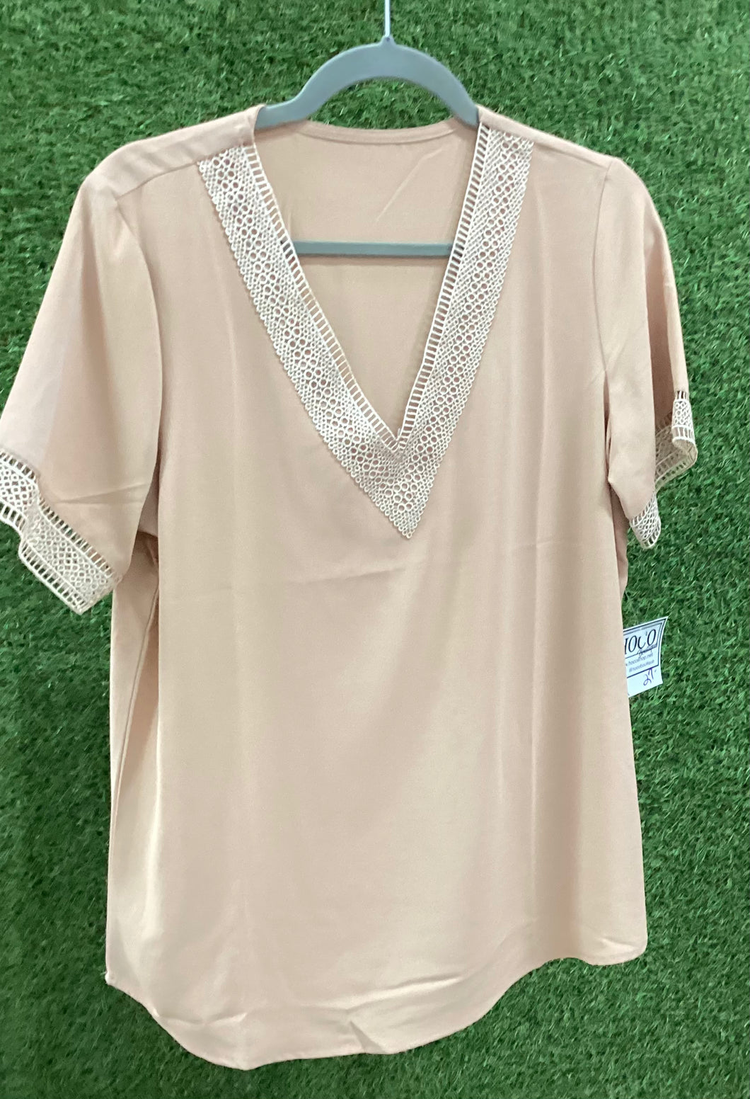 Rita Beige/Latte V-Neck Short Sleeved Top With Lacy Detail