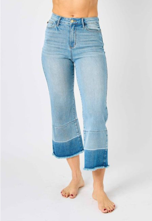 Judy Blue Summer High Waist Medium Wash Cropped Release Hem Wide Leg
