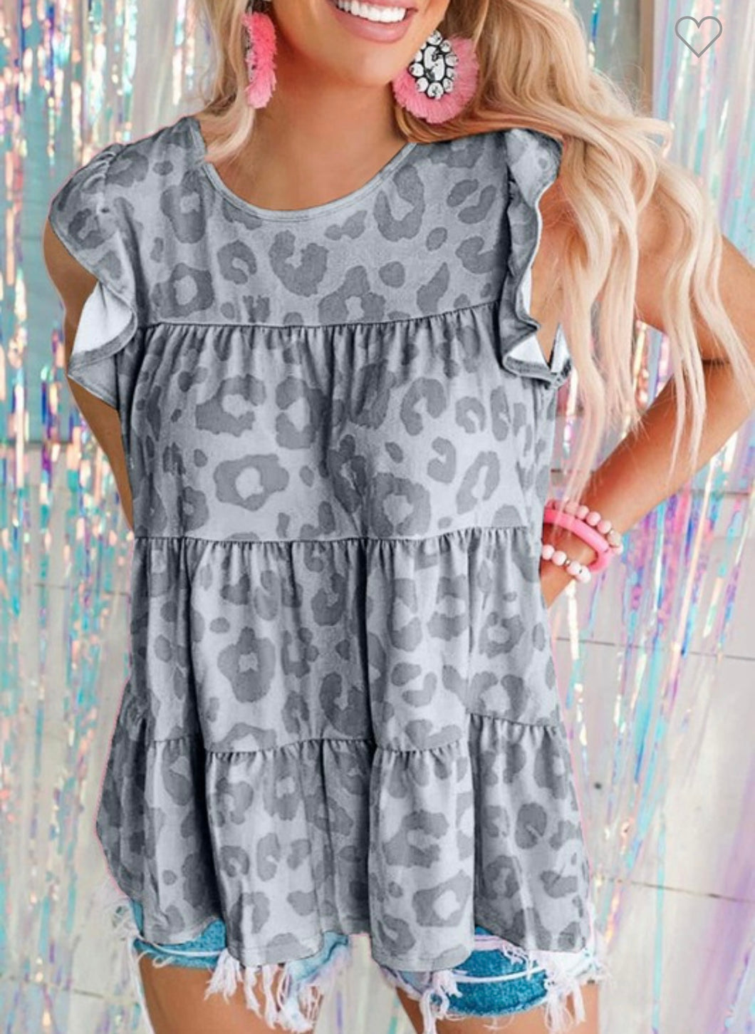 Jen Grey Leopard Print Flutter Sleeved Tiered Top - ONE SMALL AND ONE 2XL LEFT