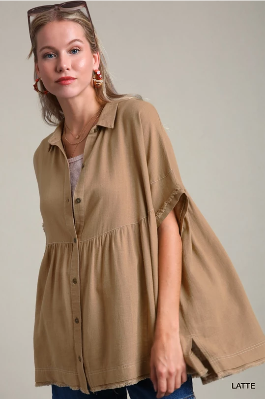 UMGEE Latte Collared Button Up Tiered with side Slit and Frayed Hem Top