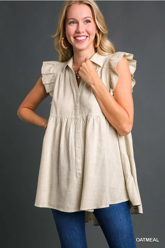 UMGEE Oatmeal Button Down Tiered with side Slit and Frayed Hem Top