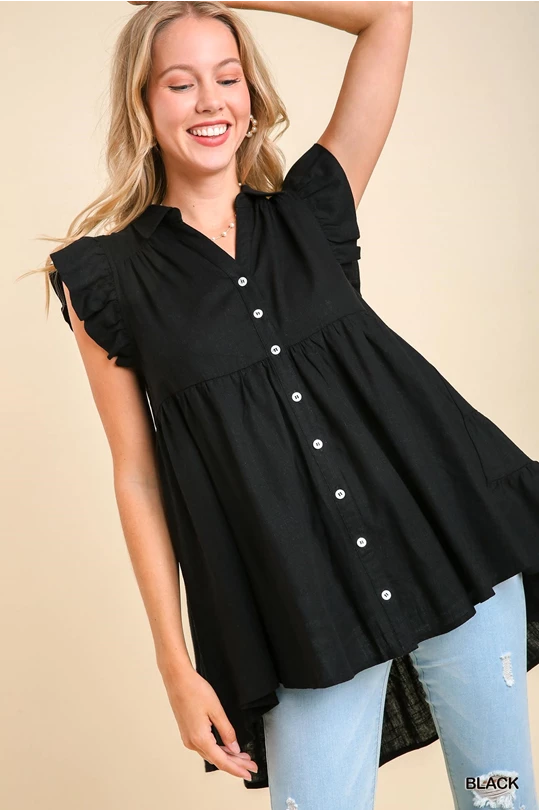 UMGEE Black Button Down Tiered with side Slit and Frayed Hem Top