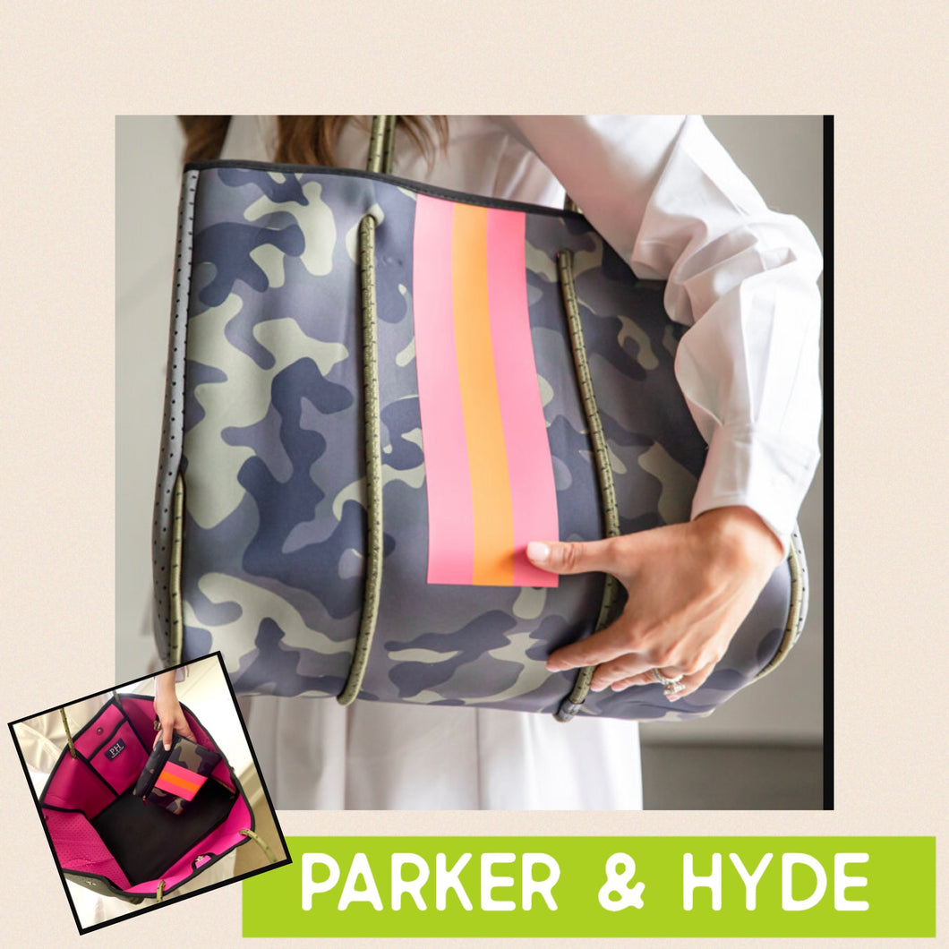 Parker & Hyde Green Camo with Pink & Orange Stripe Tote