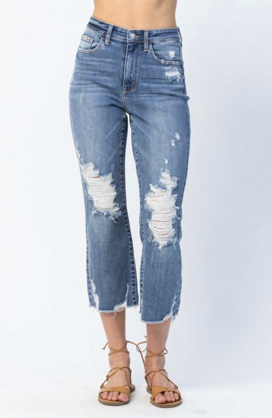 Judy Blue Linzey Frayed Hem High Waist Cropped Straight Jeans