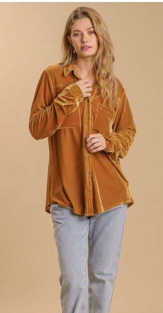 UMGEE Trena Mustard Velour 2 Pocket Long Sleeve Button Down Top -