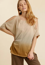 Load image into Gallery viewer, UMGEE Jane Linen Blend Dip Dye Cold Shoulder Half Sleeve Panel Top with Side Slits and High Low Hem Top
