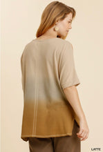 Load image into Gallery viewer, UMGEE Jane Linen Blend Dip Dye Cold Shoulder Half Sleeve Panel Top with Side Slits and High Low Hem Top
