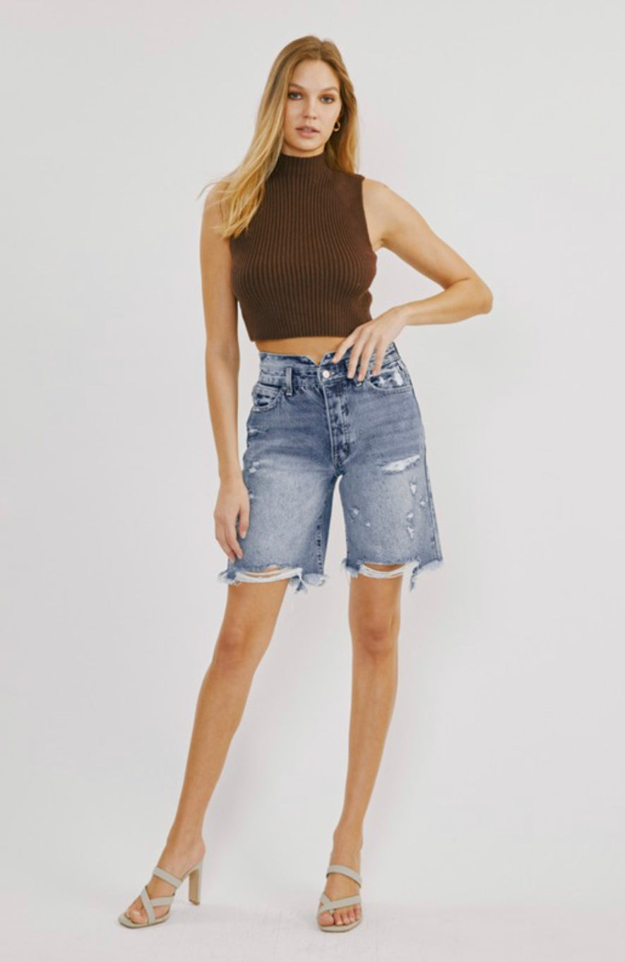 KanCan Tara Ultra High Rise Bermuda Button Fly Destroyed Shorts