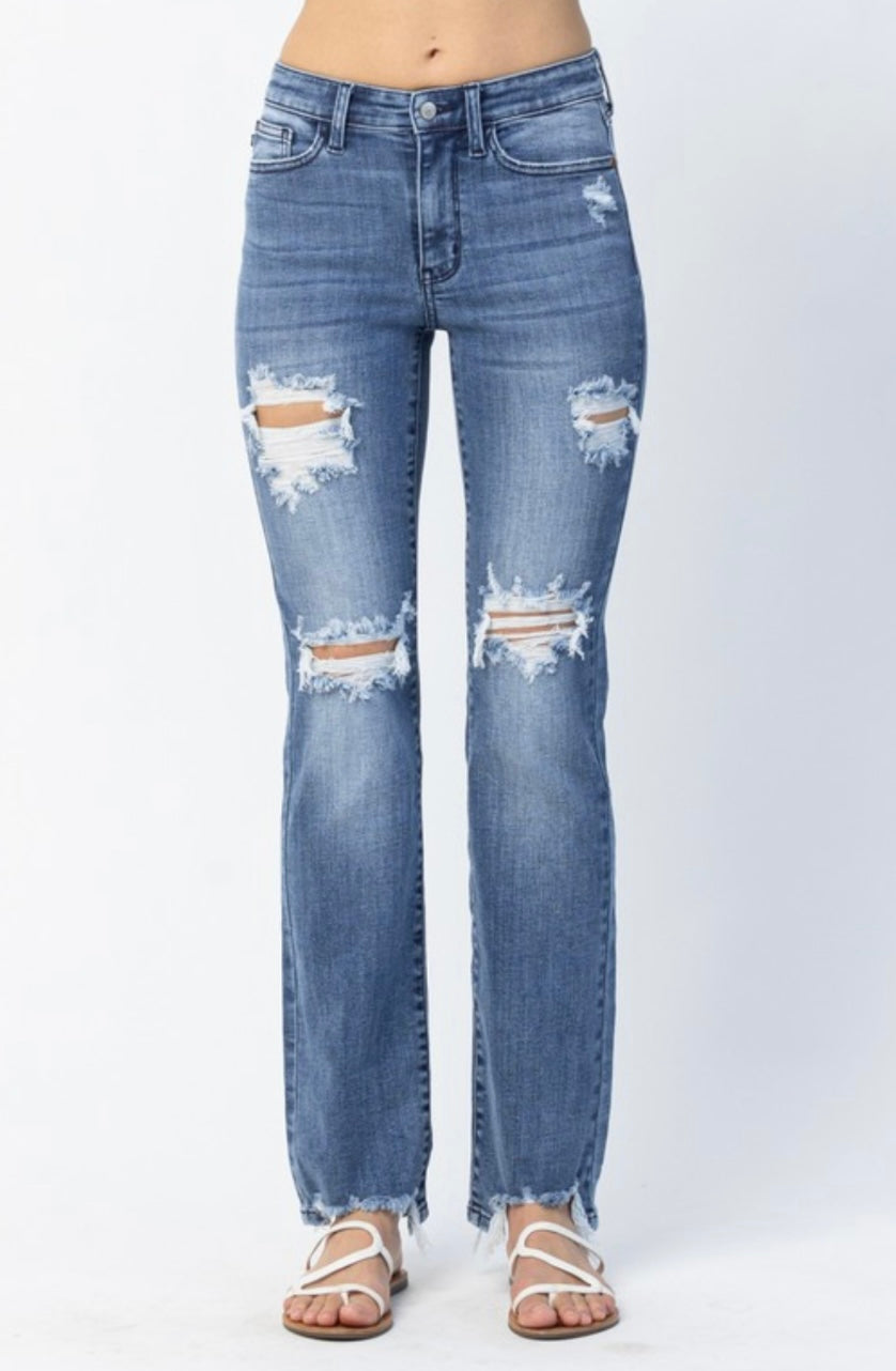 Judy Blue Brylie Destroyed Mid Rise Straight Fit Jeans